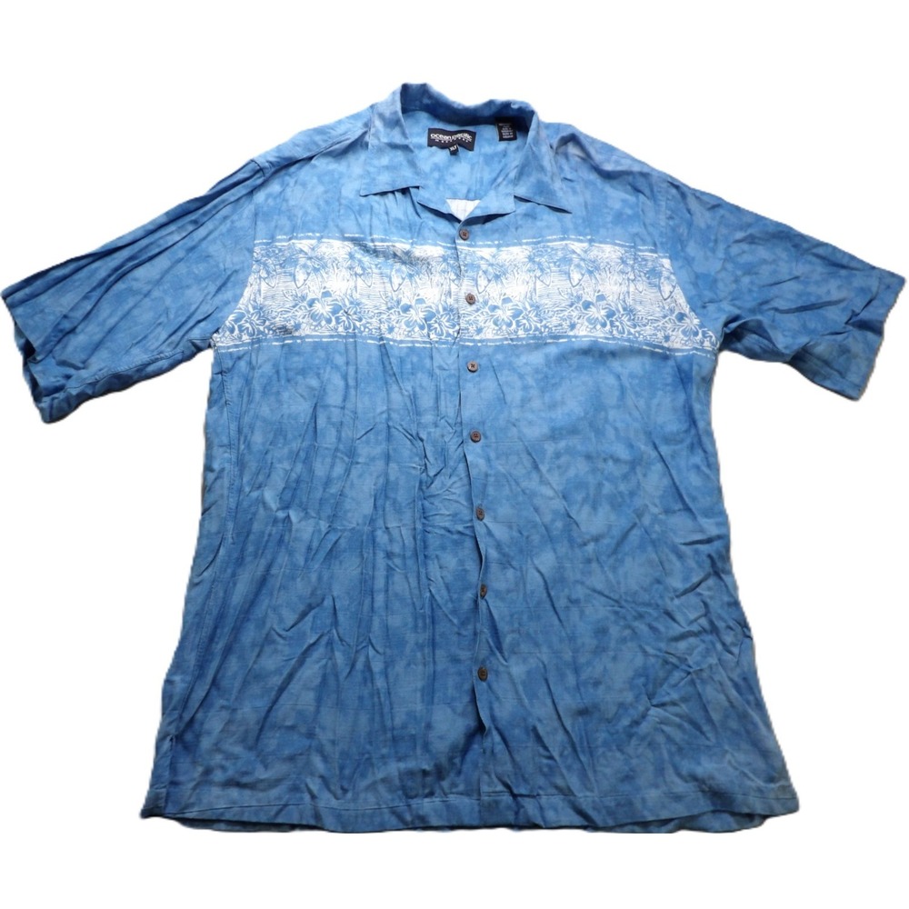 VTG Y2K Ocean Pacific Hawaiian Shirt Men XLT Blue Rayon Aloha Tropical Button Up